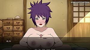 Anko Mitarashi, une adolescente animée et plantureuse, apprend les compétences sensuelles de son maître dans un jeu hentai de Naruto